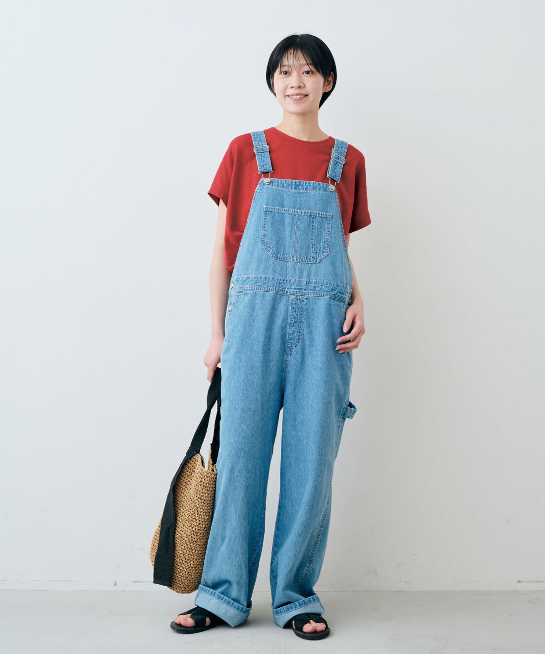 THREE FIFTY STANDARD|麻混 天じく フレンチスリーブ Tシャツ 〈レッド〉のコーディネート