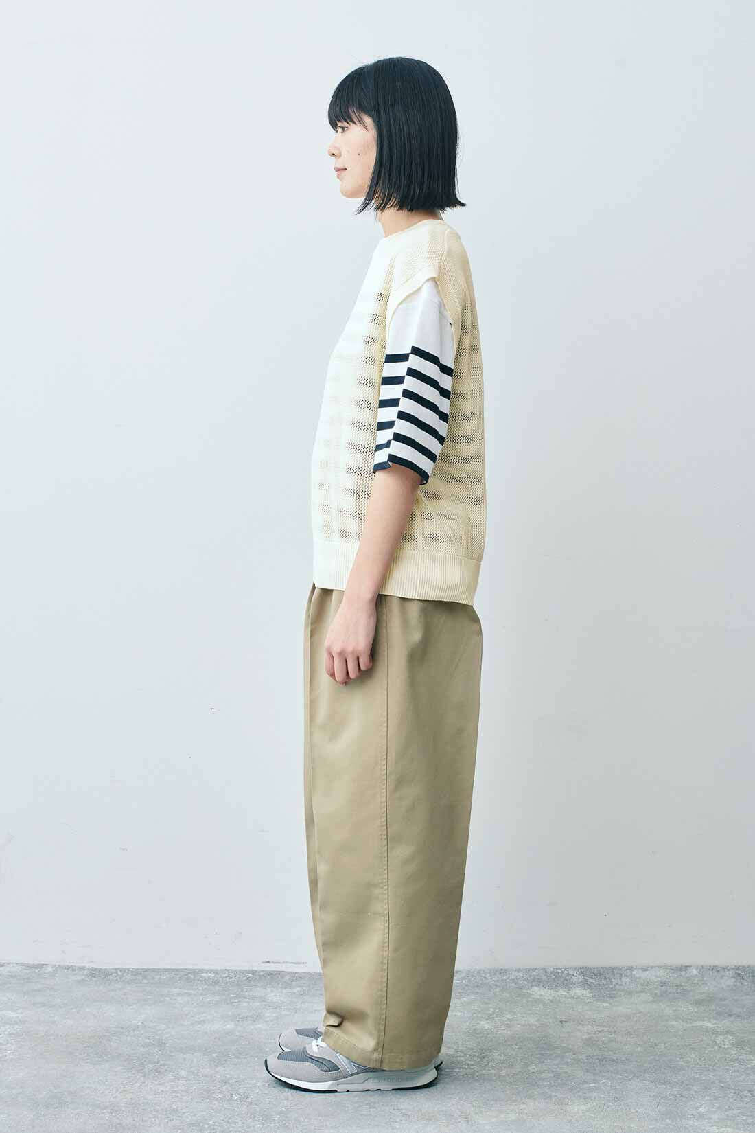 THREE FIFTY STANDARD|重ねてサマになるニットベストＷＨ　ＴＦＳとパネルボーダーＴシャツ　ＴＦＳのコーディネート|モデル身長：163cm 着用サイズ：M