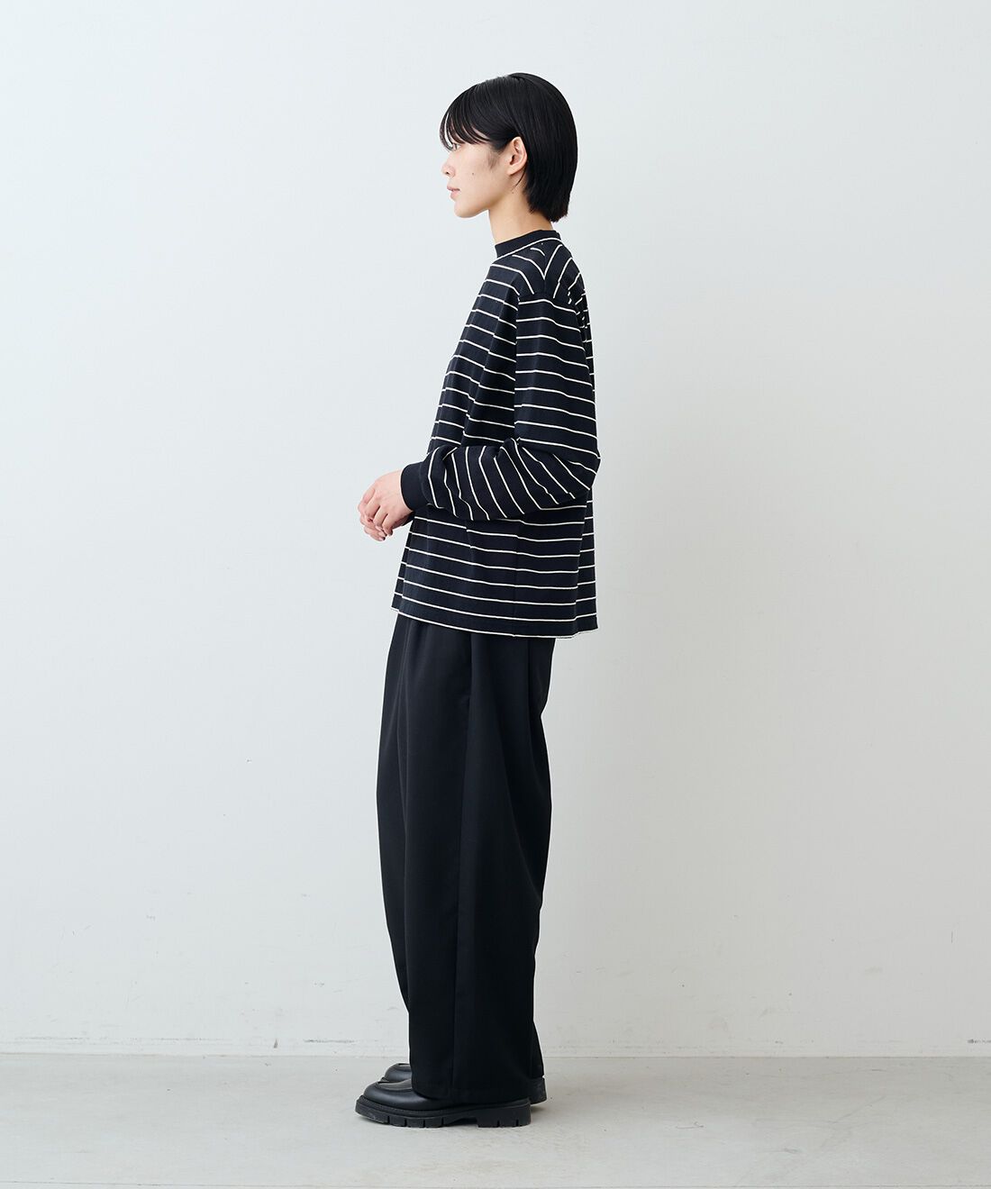 THREE FIFTY STANDARD|レトロなボーダーＴシャツ　ＴＦＳのコーディネート|モデル身長：163cm 着用サイズ：M