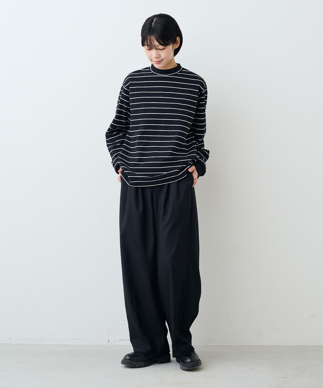 THREE FIFTY STANDARD［スリーフィフティースタンダード］|THREE FIFTY STANDARD　レトロなボーダーTシャツの会|モデル身長：163cm　着用サイズ：M
