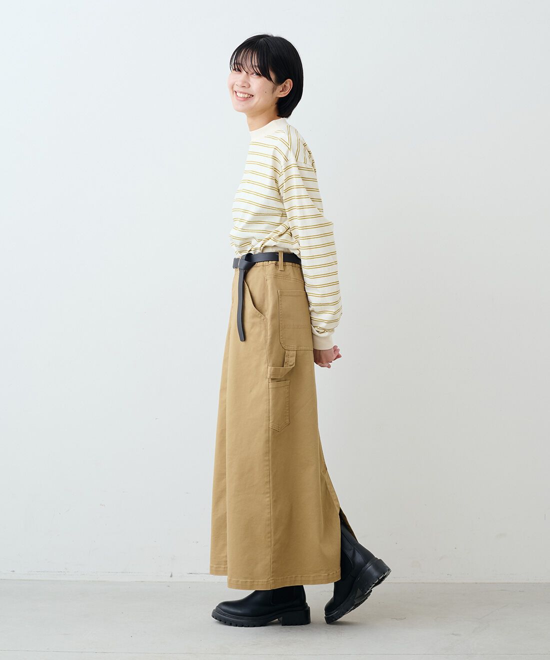 THREE FIFTY STANDARD|レトロなボーダーTシャツ　のコーディネート|モデル身長：163cm 着用サイズ：M