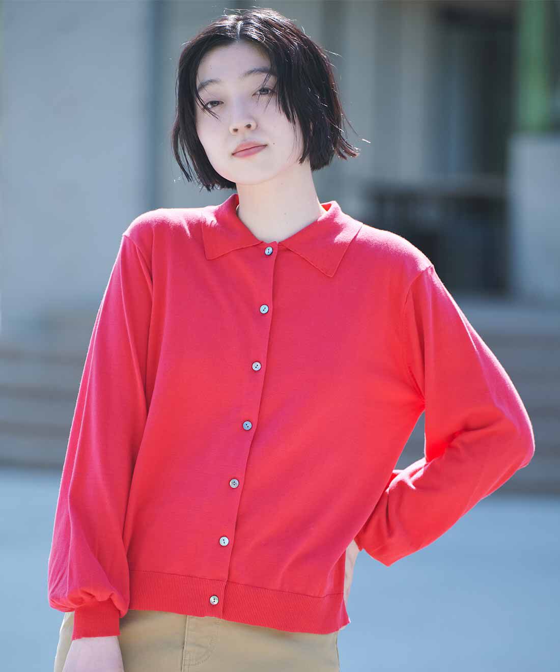 THREE FIFTY STANDARD［スリーフィフティースタンダード］|THREE FIFTY STANDARD　コットン100％のポロカラーカーディガン〈レッド〉