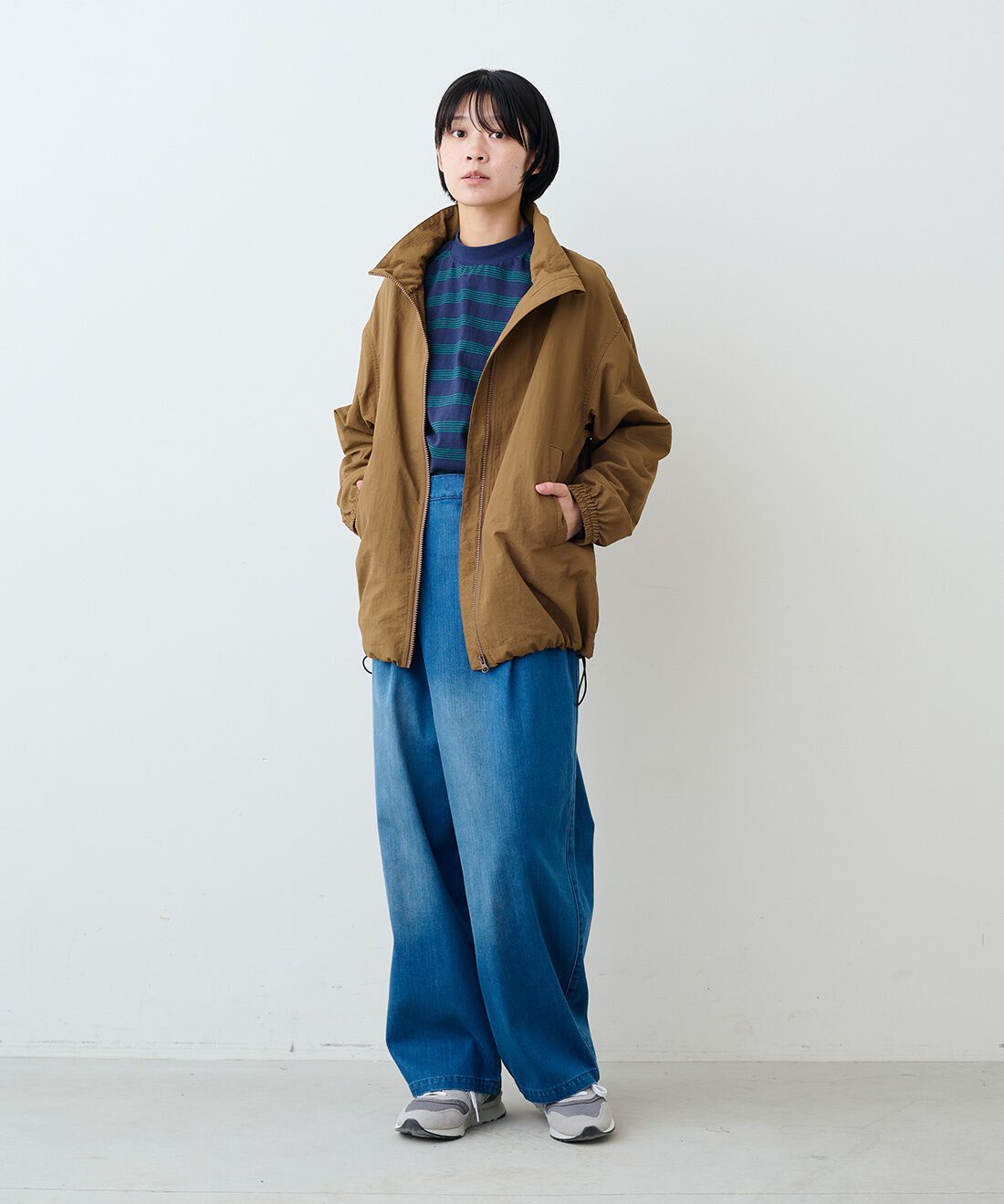 THREE FIFTY STANDARD|レトロなボーダーＴシャツ　ＴＦＳとラップデニムワイドパンツＴＦＳのコーディネート|モデル身長：163cm 着用サイズ：M