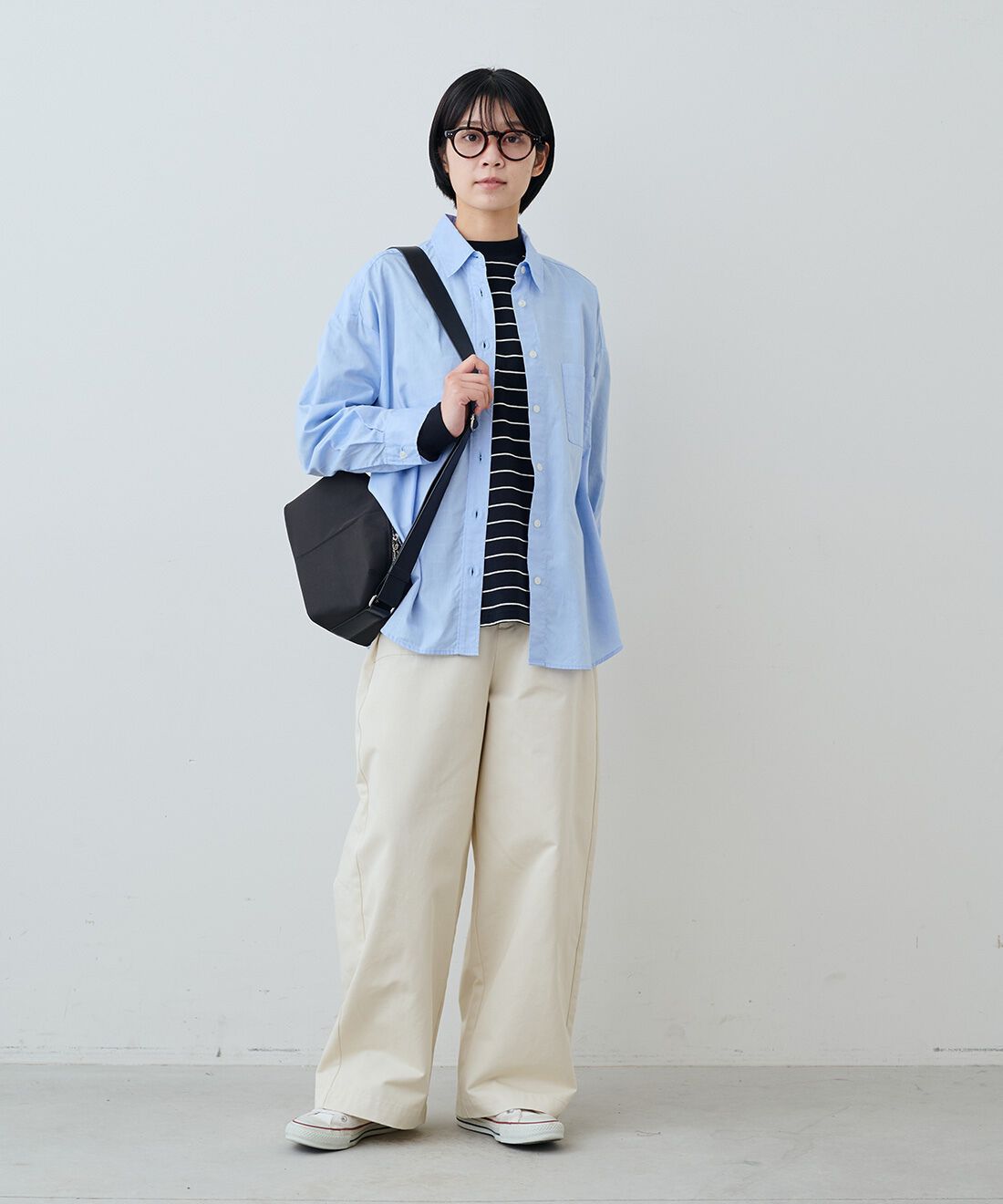 THREE FIFTY STANDARD|レトロなボーダーＴシャツ　ＴＦＳとワイドベイカーパンツＷＨ　ＴＦＳのコーディネート|モデル身長：163cm 着用サイズ：M