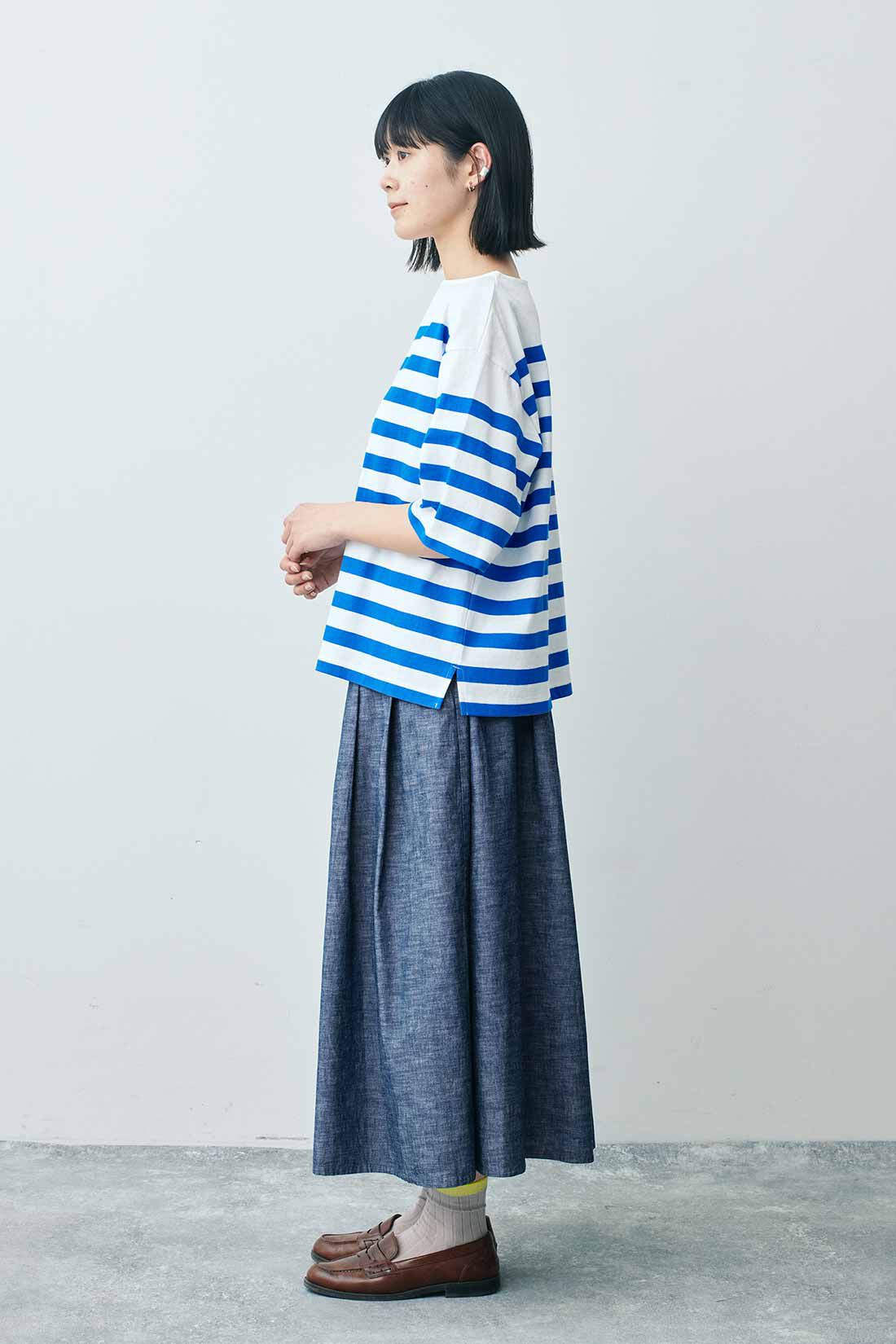 THREE FIFTY STANDARD|パネルボーダーＴシャツ　ＴＦＳのコーディネート|モデル身長：163cm 着用サイズ：M