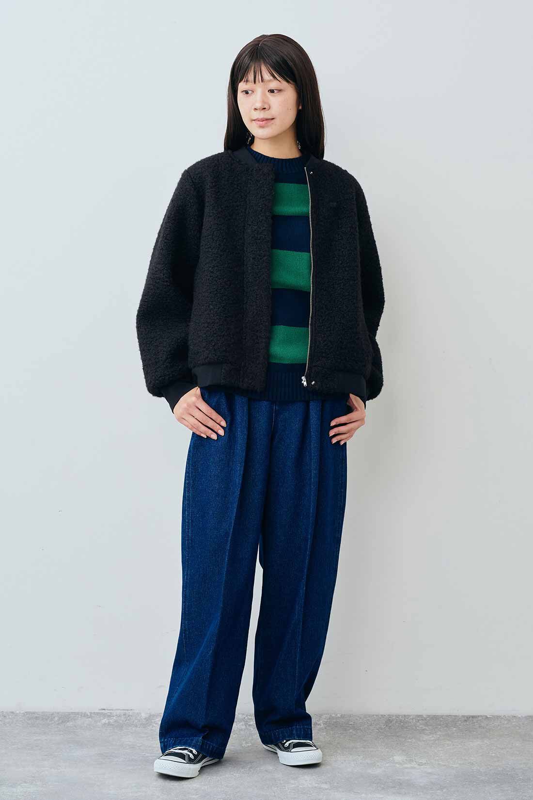 THREE FIFTY STANDARD|ボアジップアップブルゾン〈ブラック〉と綿混 太ボーダーニットセーター〈グリーン×ネイビー〉のコーディネート