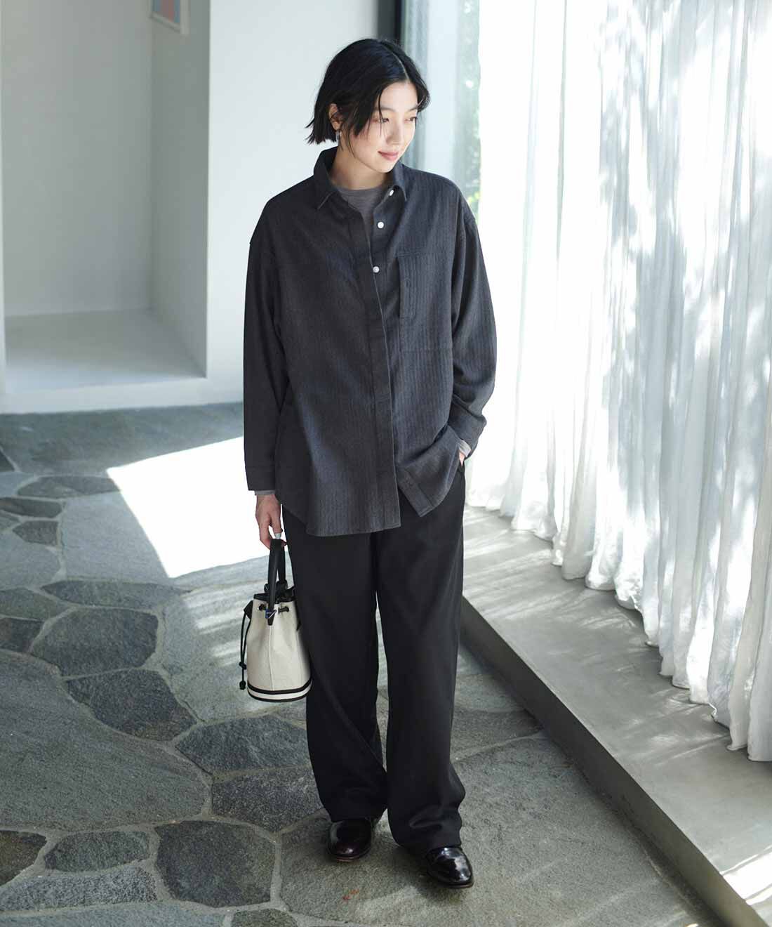 THREE FIFTY STANDARD|あったか起毛のネルシャツ〈ダーク杢グレー〉のコーディネート