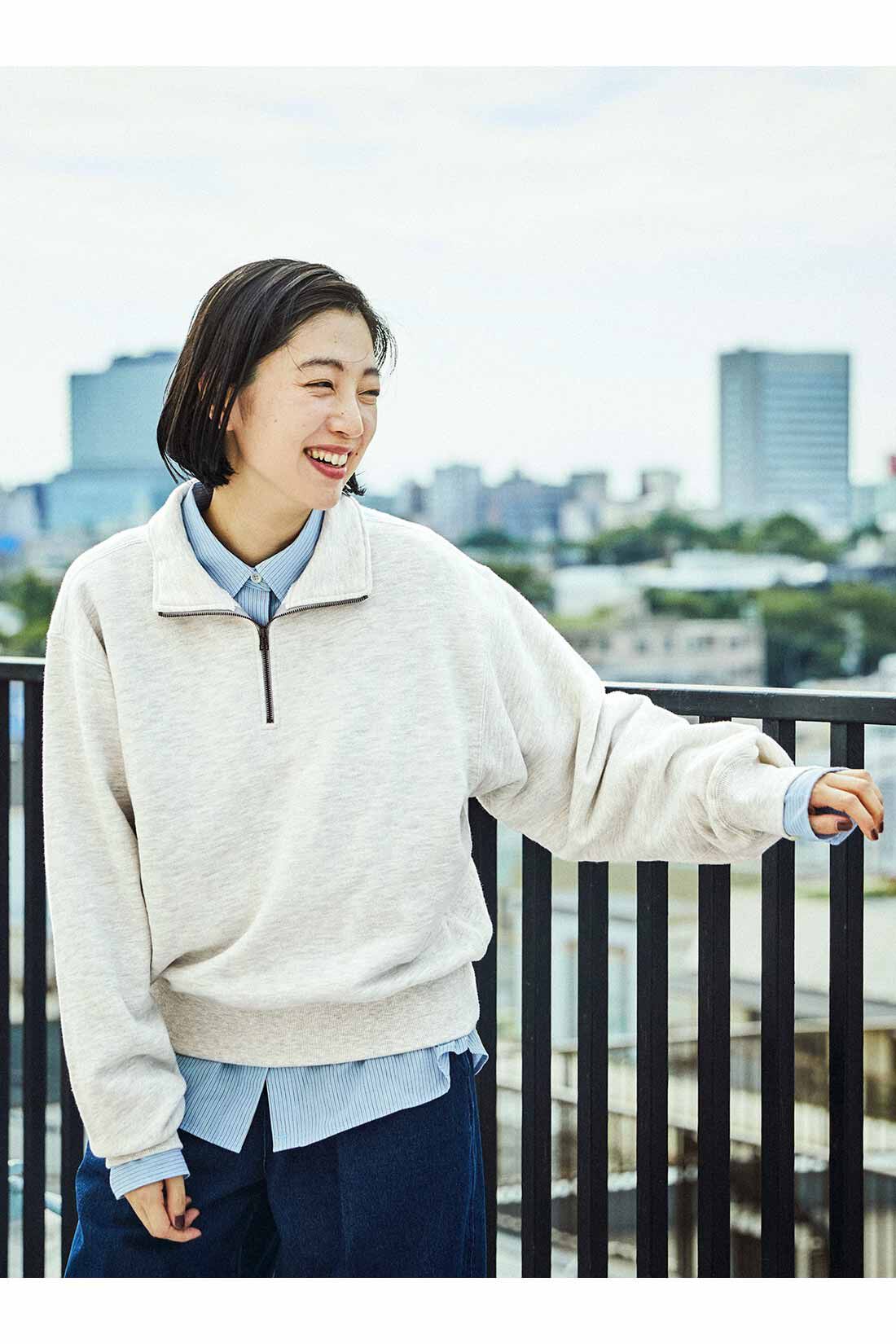 THREE FIFTY STANDARD|小谷実由さんコラボ ハーフジップスウェット〈オートミール〉のコーディネート
