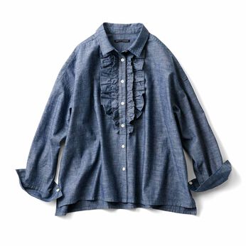 インディゴブルーのフリルシャツ　ＴＦＳ