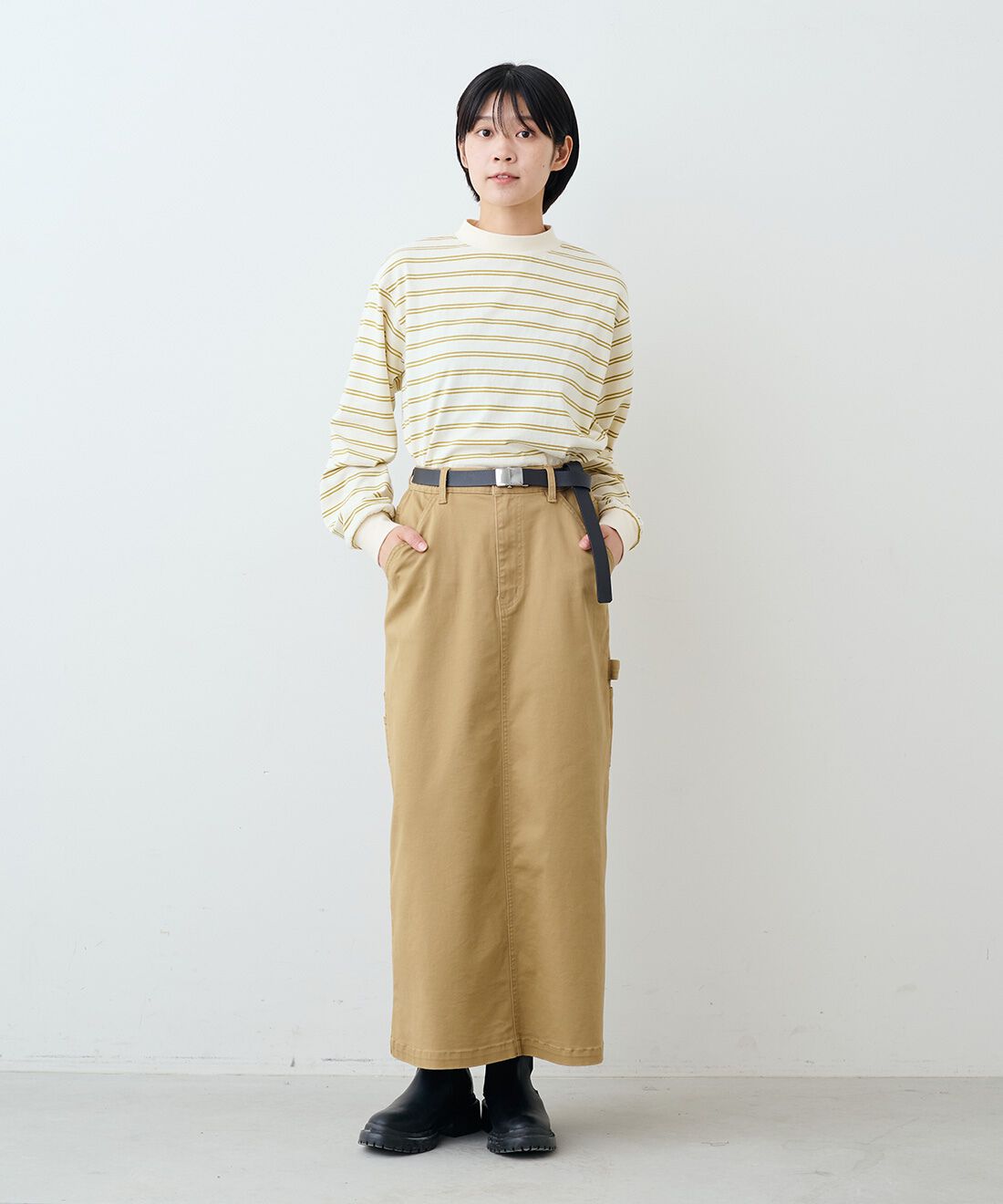 THREE FIFTY STANDARD|レトロなボーダーTシャツ　のコーディネート|モデル身長：163cm 着用サイズ：M