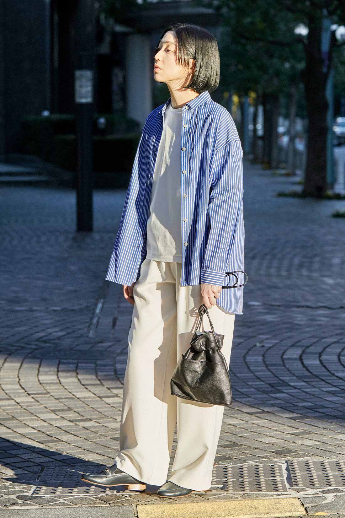 THREE FIFTY STANDARD|ＢＩＧストライプシャツＢＬ　ＴＦＳとシルケット加工Ｔシャツ　ＴＦＳのコーディネート