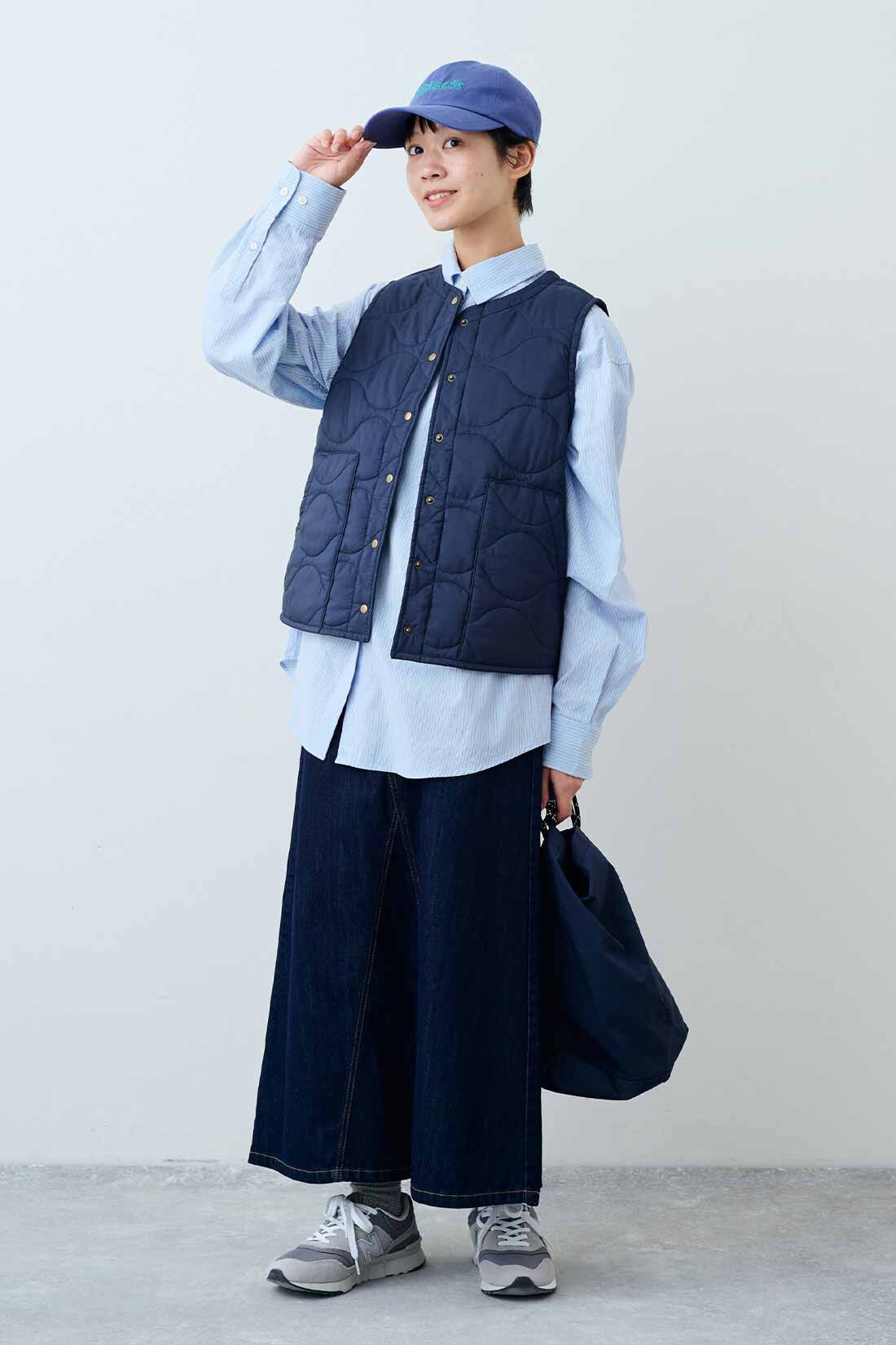 THREE FIFTY STANDARD|小谷 実由さんと作った ストライプのシャツ〈ブルー〉のコーディネート|モデル身長：163cm 着用サイズ：M