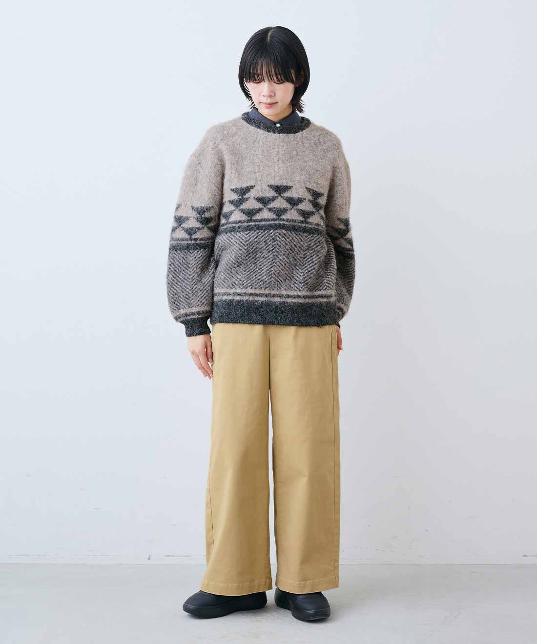 THREE FIFTY STANDARD|THREE FIFTY STANDARD　ふんわりジャカードニットセーター〈ブラウンベージュ〉|モデル身長：163cm　着用サイズ：M