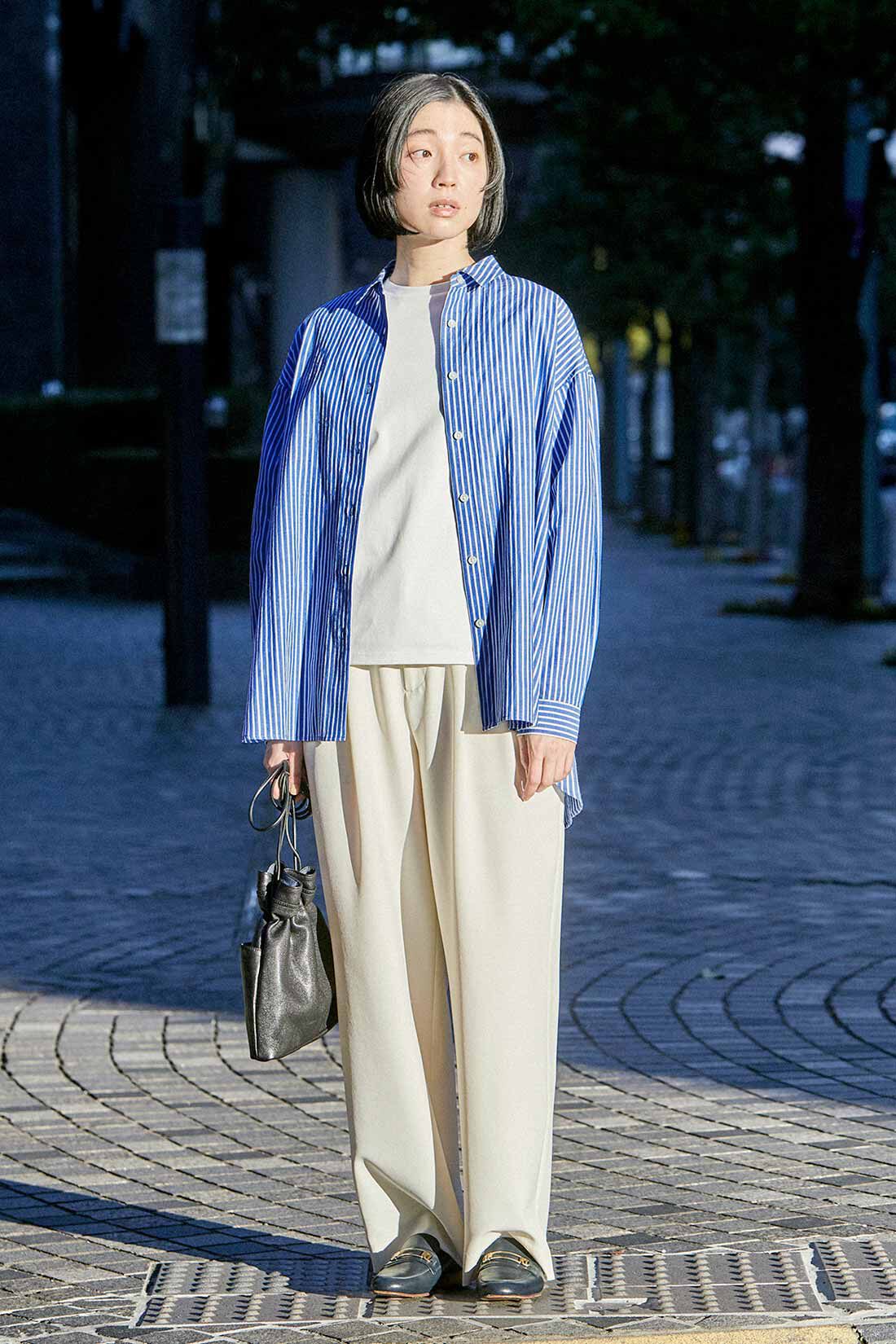 THREE FIFTY STANDARD|ＢＩＧストライプシャツＢＬ　ＴＦＳとシルケット加工Ｔシャツ　ＴＦＳのコーディネート