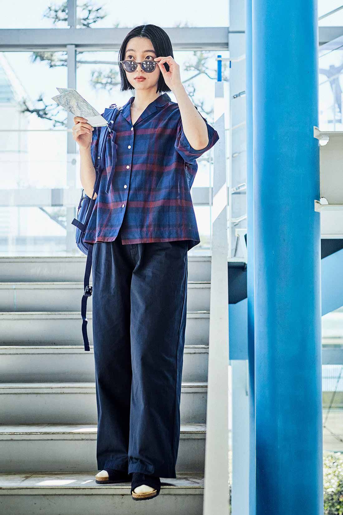 THREE FIFTY STANDARD|チェック柄 開衿シャツ〈ネイビー〉のコーディネート