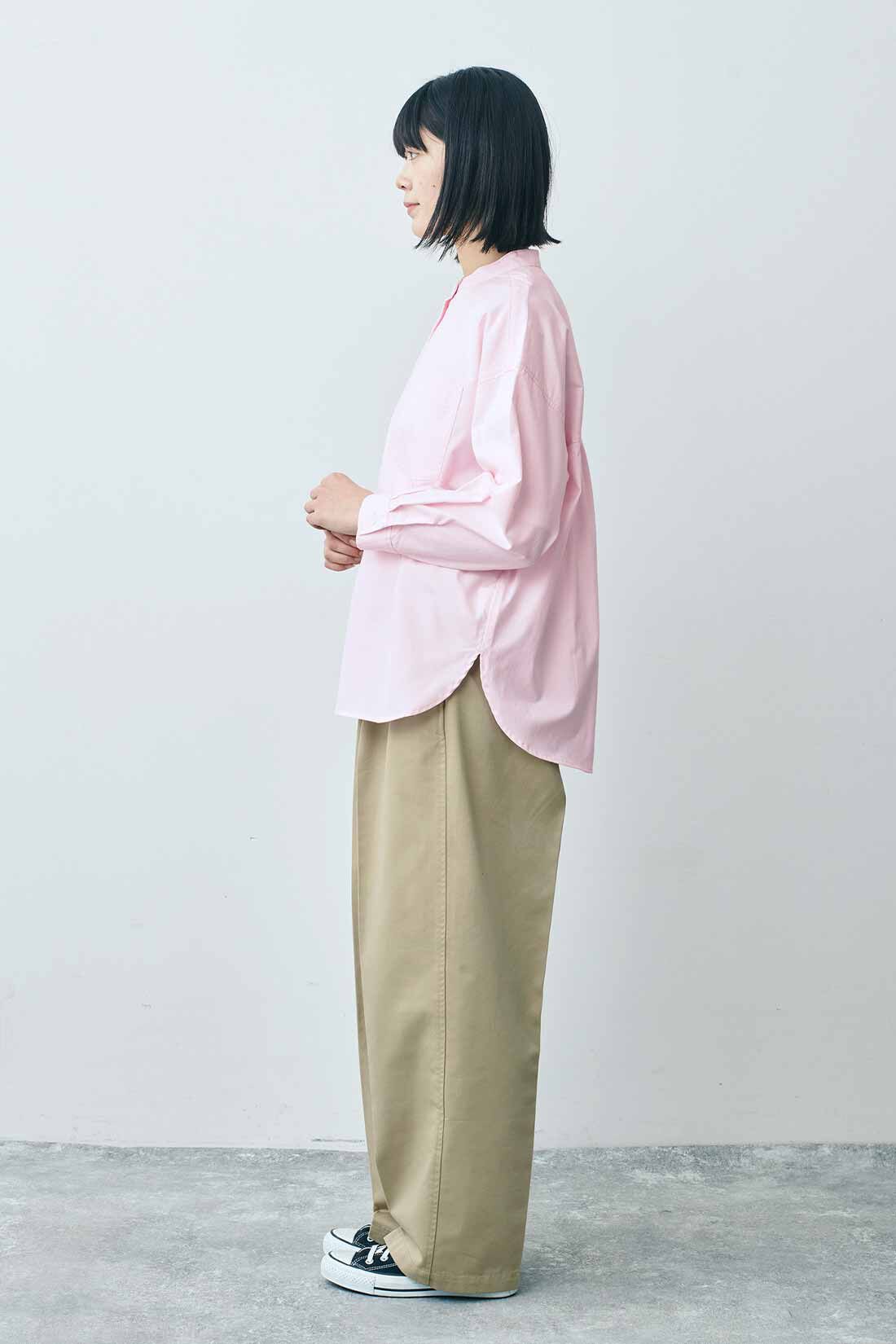 THREE FIFTY STANDARD|THREE FIFTY STANDARD ライトピンクのスタンドカラーのシャツ|モデル身長：163cm 着用サイズ：M