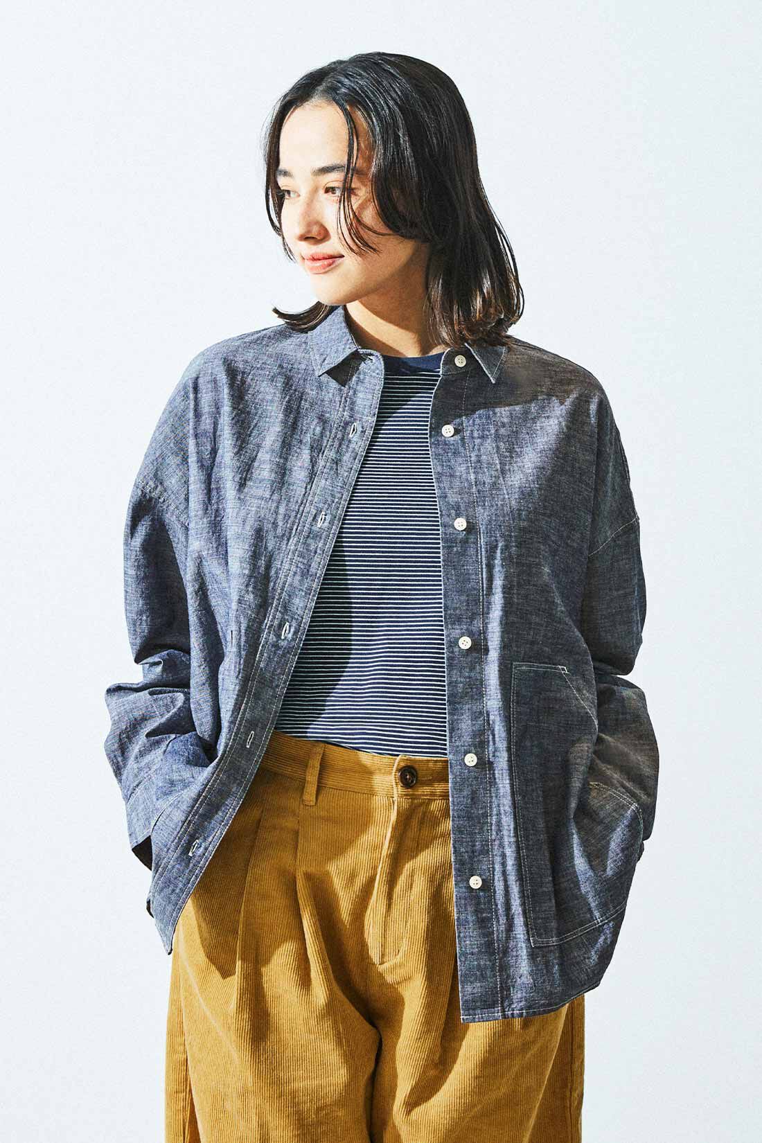 THREE FIFTY STANDARD|シャンブレーのシャツジャケット　ＴＦＳとポンチボーダーＴシャツ　ＴＦＳのコーディネート