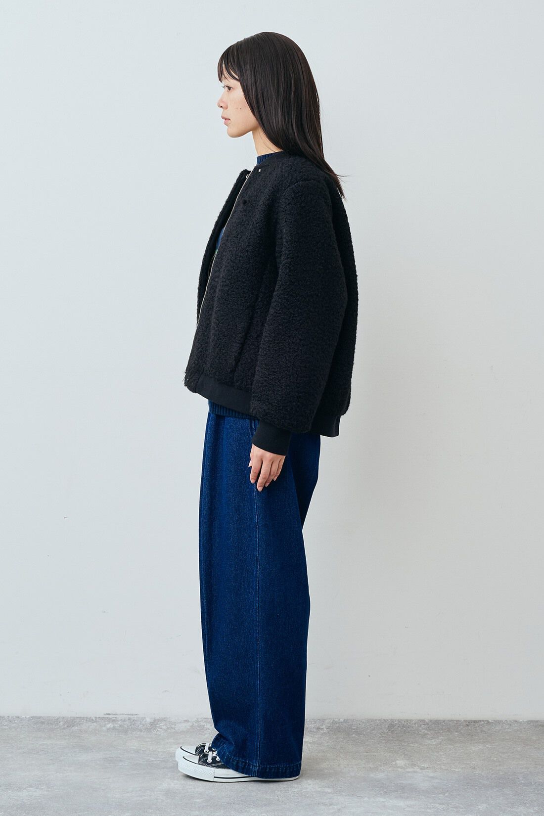 THREE FIFTY STANDARD|ボアジップアップブルゾン〈ブラック〉と綿混 太ボーダーニットセーター〈グリーン×ネイビー〉のコーディネート