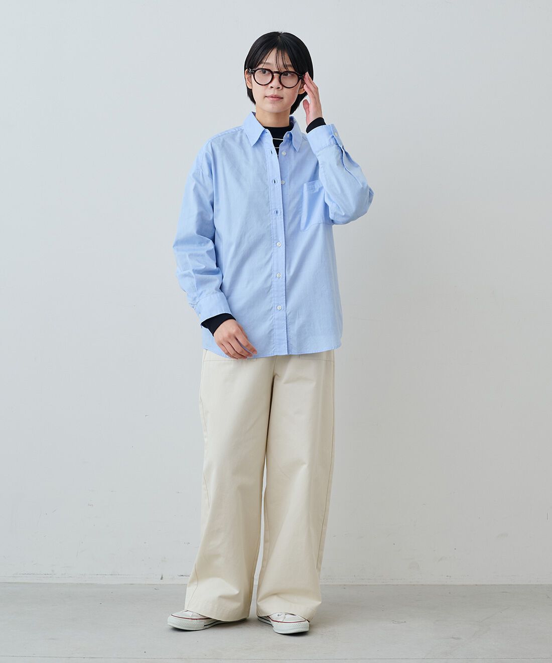 THREE FIFTY STANDARD|レトロなボーダーＴシャツ　ＴＦＳとワイドベイカーパンツＷＨ　ＴＦＳのコーディネート|モデル身長：163cm 着用サイズ：M