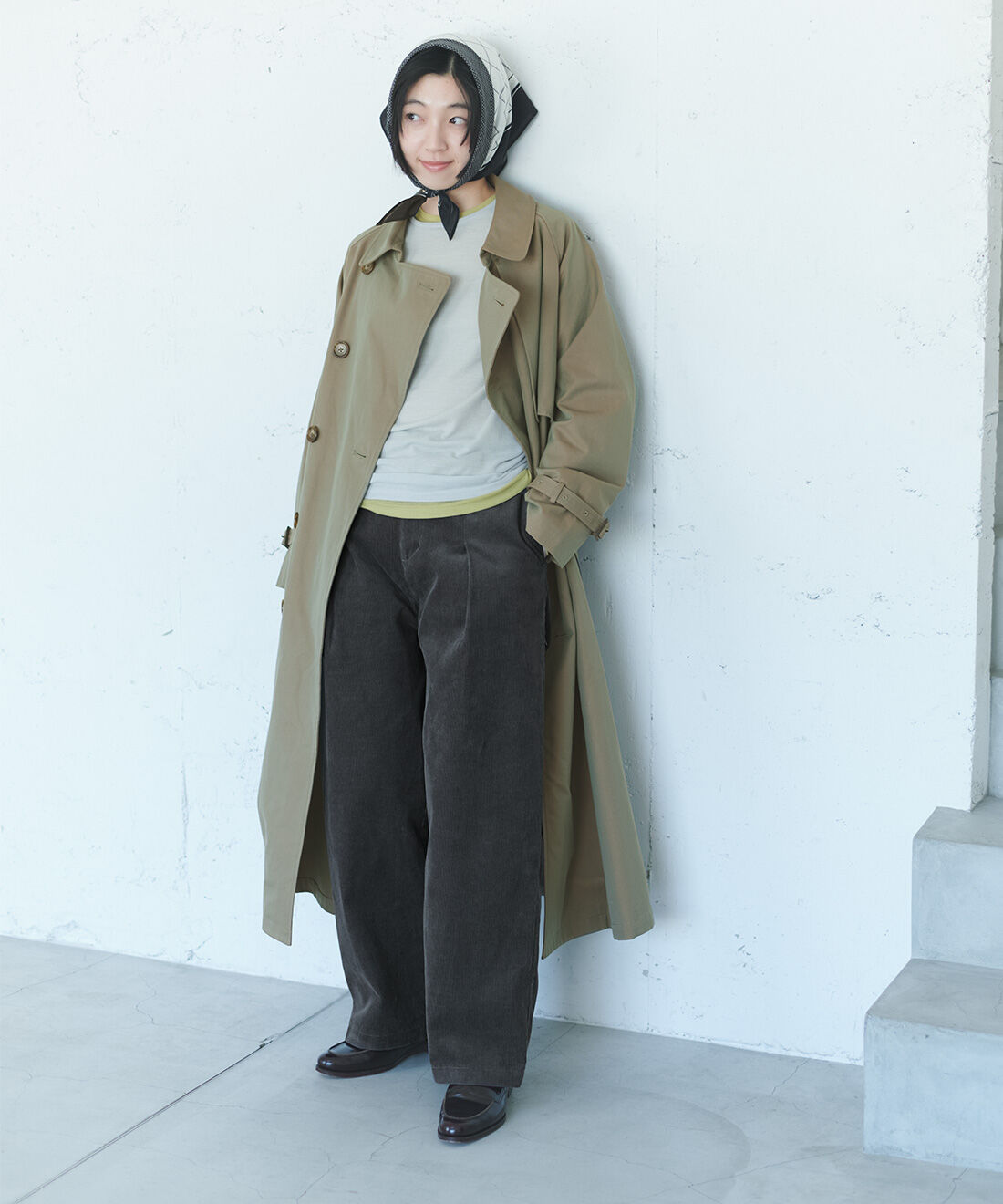 THREE FIFTY STANDARD|小谷　実由さんと作った玉虫トレンチコートＴＦＳとシアーなカットソートップスの会と小谷　実由さんと作ったコーデュロイパンツＴＦＳのコーディネート