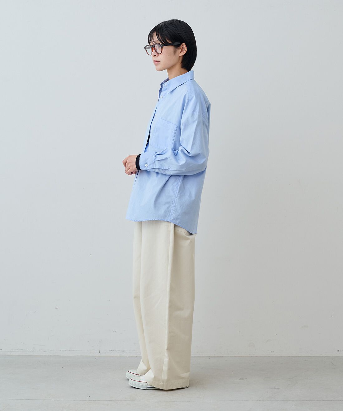 THREE FIFTY STANDARD|レトロなボーダーＴシャツ　ＴＦＳとワイドベイカーパンツＷＨ　ＴＦＳのコーディネート|モデル身長：163cm 着用サイズ：M