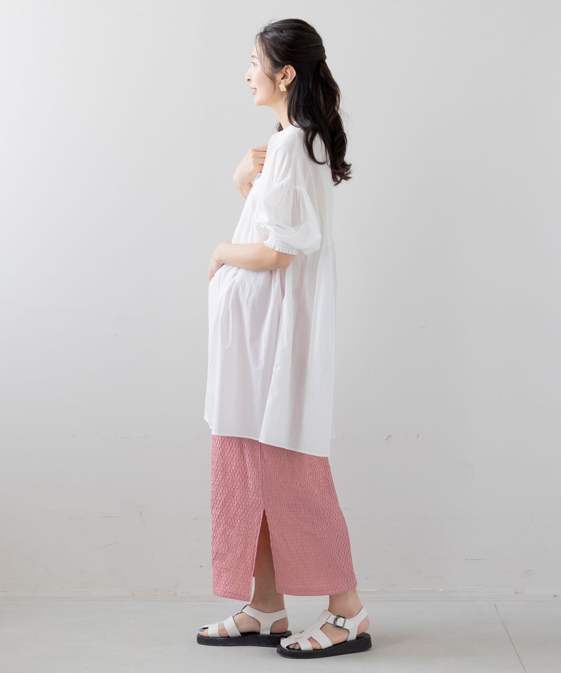 FELISSIMO Mama|Ｍｏｒｅｄｄｅ　産前・産後使える　ふくれジャカード　Ｉラインスカート〈コーラルピンク〉