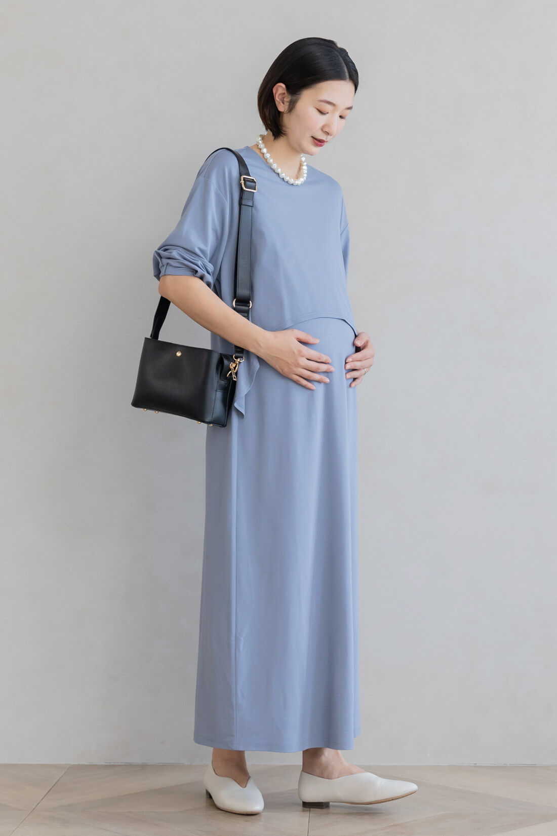 FELISSIMO Mama|Moredde　フォーマルシーンでも使える　授乳がかんたん　しなやかカットソーのデザインワンピース〈グレイッシュブルー〉