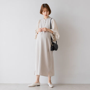 FELISSIMO Mama | マタニティ 授乳 バルーンスリーブ ワンピース 〈ベージュ〉