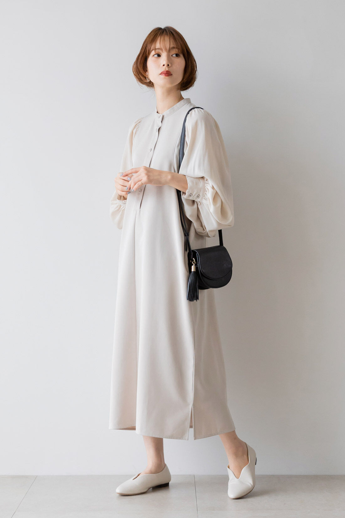 FELISSIMO Mama|Moredde　マタニティから産後も使える　授乳が簡単　バルーンスリーブワンピース〈ベージュ〉|産後のお宮参りや結婚式にもおすすめです。