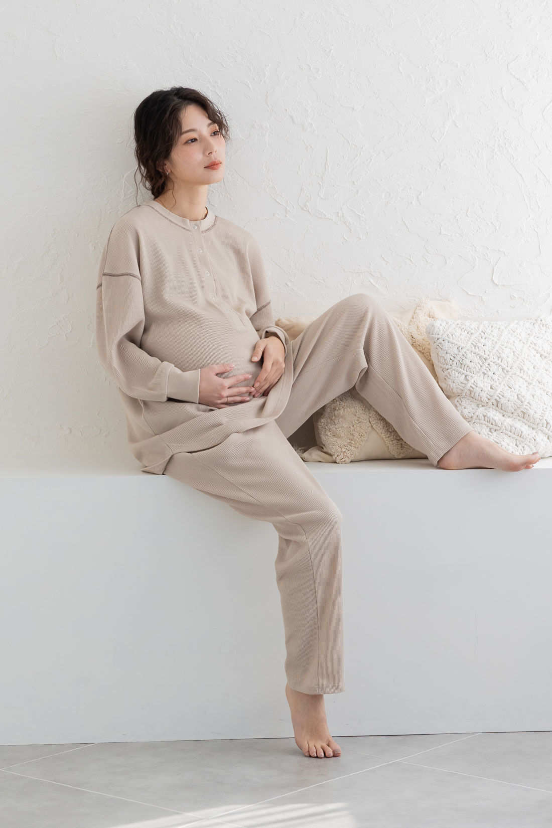 FELISSIMO Mama|Moredde　ワッフル素材のルームウェアセット〈ベージュ〉