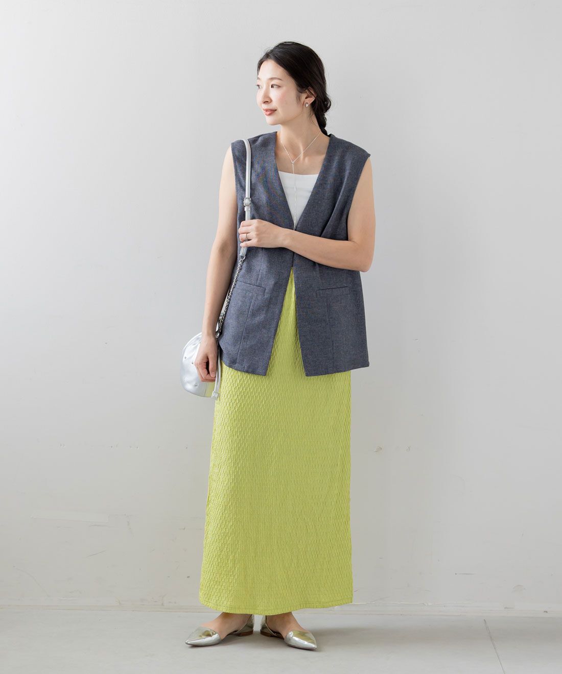 FELISSIMO Mama|Ｍｏｒｅｄｄｅ　産前・産後使える　ふくれジャカード　Ｉラインスカート〈ライムグリーン〉|model:H167　着用サイズ：モデル用M（股下丈M＋3cm）
