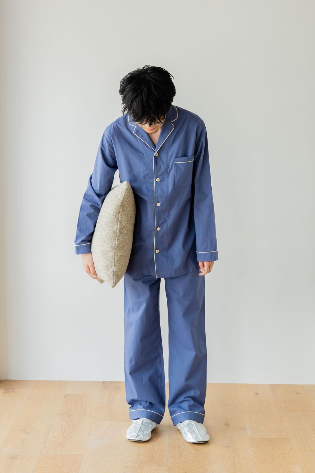 FELISSIMO Mama|Moredde　肌側の微起毛が心地いい　コットン１００％の前あきメンズパジャマ〈アッシュブルー〉