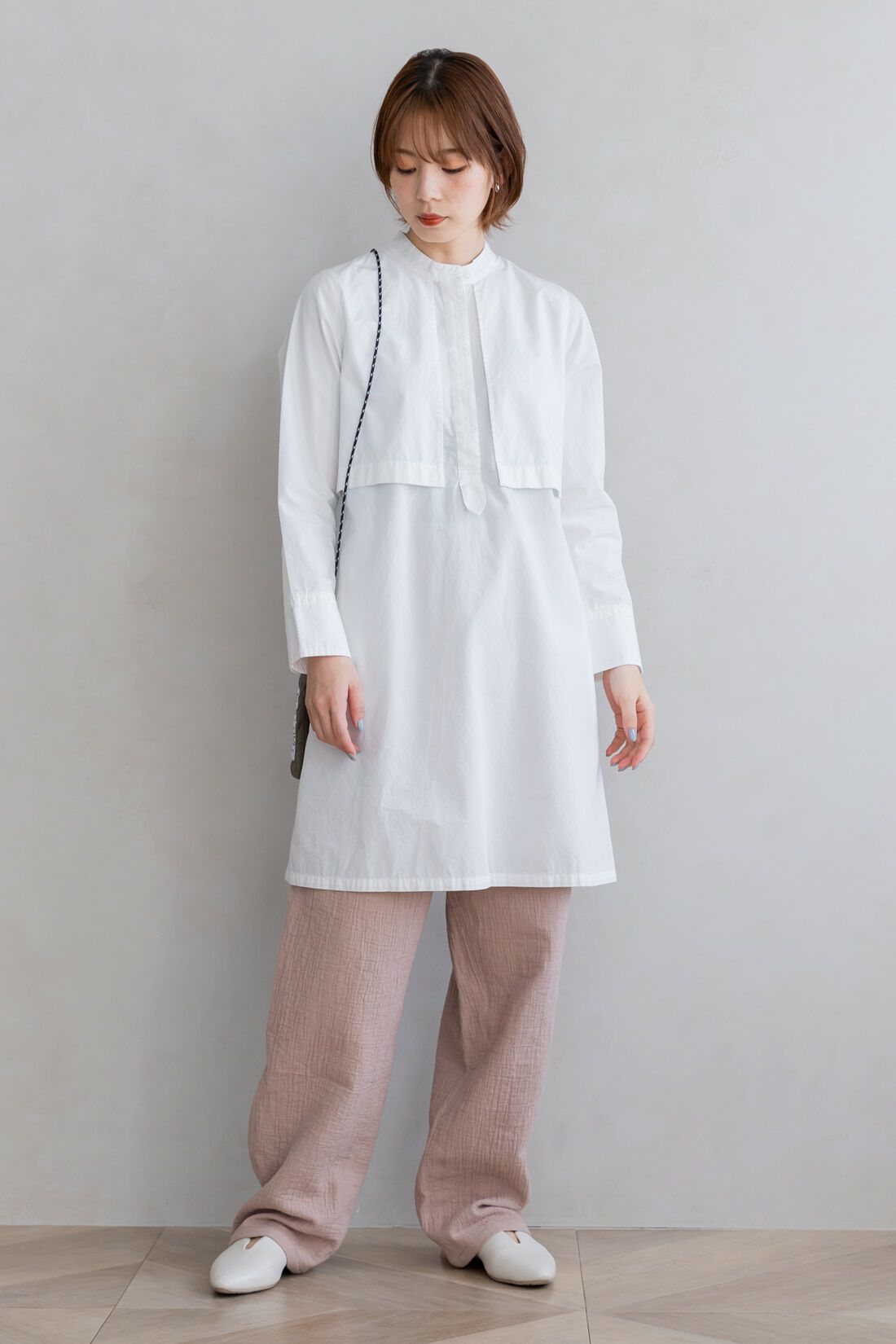 FELISSIMO Mama|Moredde　綿100％楊柳ダブルガーゼ素材が気持ちいい　産前産後楽しめるワイドパンツ〈モカベージュ〉|model:H166　着用サイズ：モデル用Mサイズ（股下+2㎝）