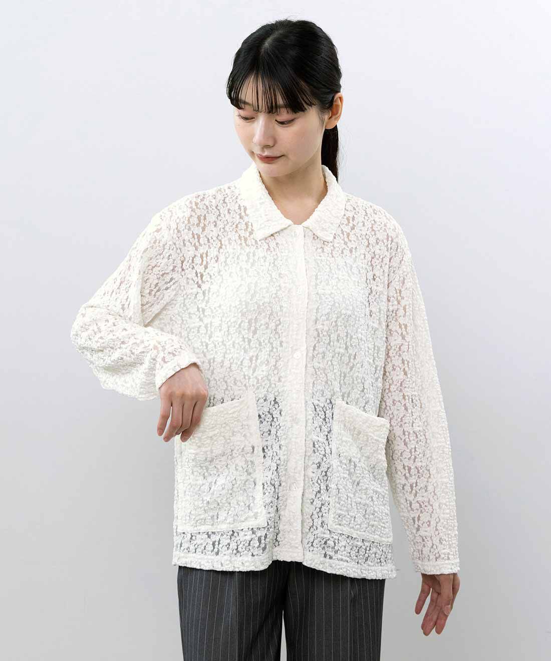 L'AMIPLUS［ラミプリュス］|ラミプリュス はおれば華やぐ ポケッタブル綿混ストレッチレースシャツ|〈はつらつホワイト〉