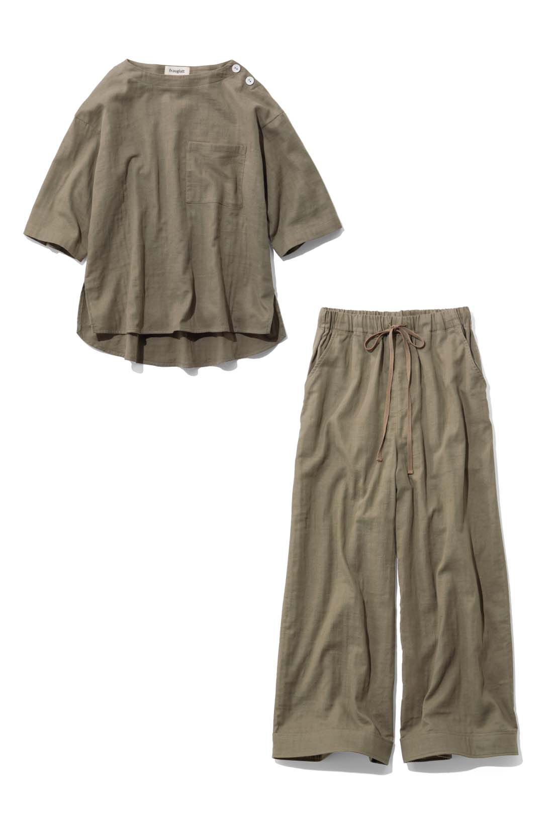 frauglatt［フラウグラット］|【セット割】大人の女史会×frauglatt　着まわし上手 オールインワン見え ダブルガーゼセットアップ|〈ニュアンスカーキ〉