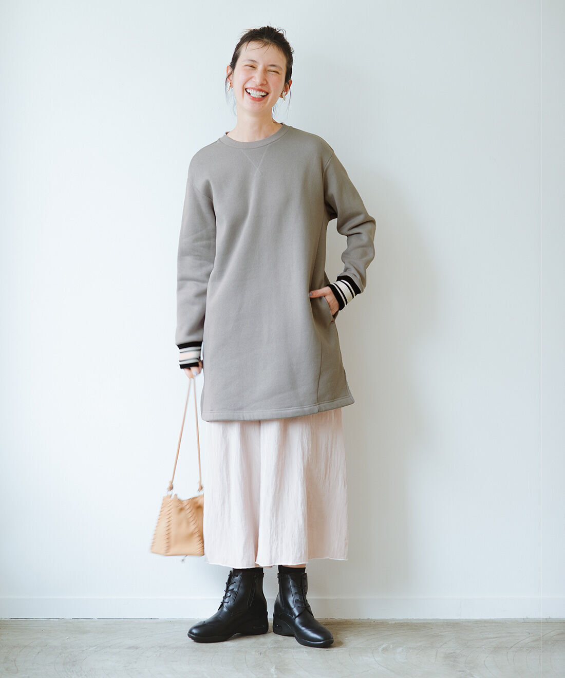 frauglatt|綿100％腰まですっぽり裏起毛チュニックと便利な裏地設計♪ スカート見えワイドパンツのコーディネート