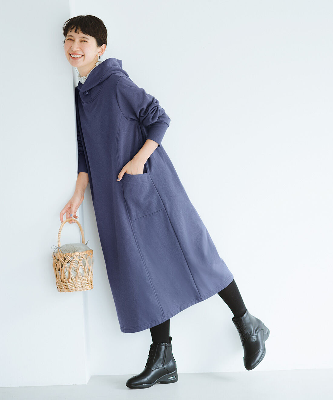 frauglatt|着ぶくれない♪ かるホカ裏起毛ロングワンピースと着脱らくちんなふんわりレース付け衿と着脱らくちんなふんわりレース付け衿のコーディネート