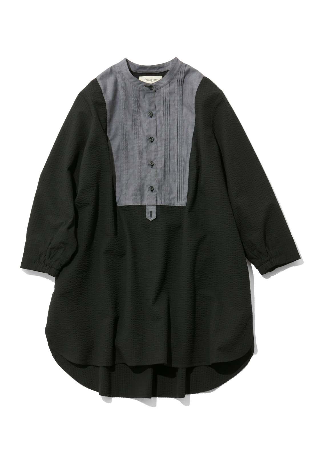 frauglatt［フラウグラット］|大人の女史会×frauglatt　顔うつり華やぐブザム切り替え レフ板チュニックシャツ|〈凛ブラック〉