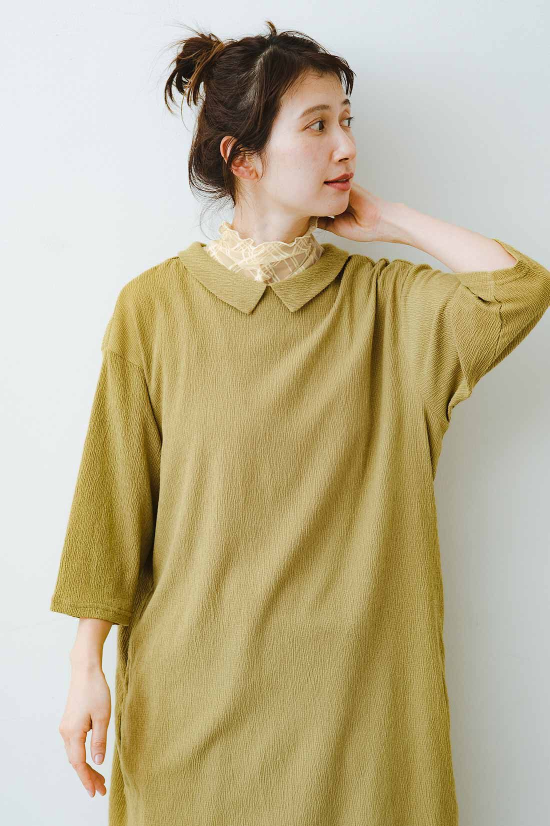 frauglatt［フラウグラット］|フラウグラット　衿付きで好印象♪ さらぽこ伸びやか素材のチュニックワンピース〈吸水速乾〉の会|袖口はゆったり涼しく腕を包み込む七分袖。