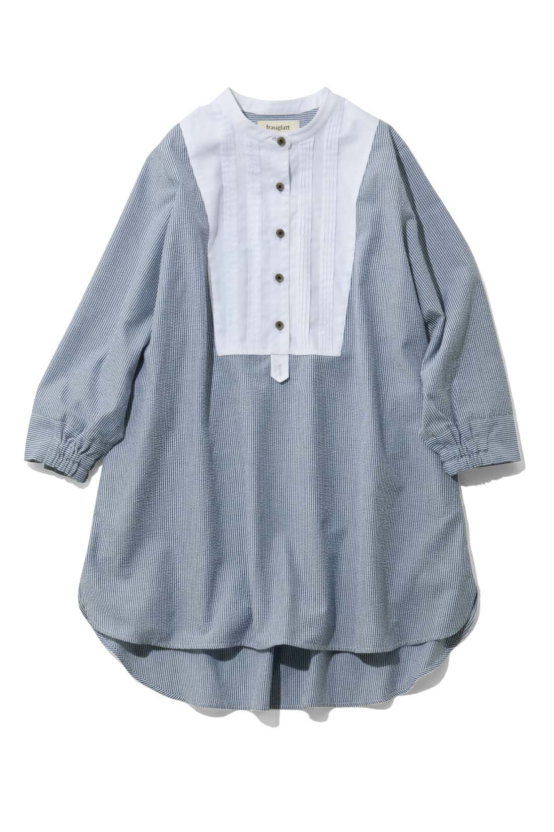 frauglatt［フラウグラット］|大人の女史会×frauglatt　顔うつり華やぐブザム切り替え レフ板チュニックシャツ|〈艶ネイビー〉