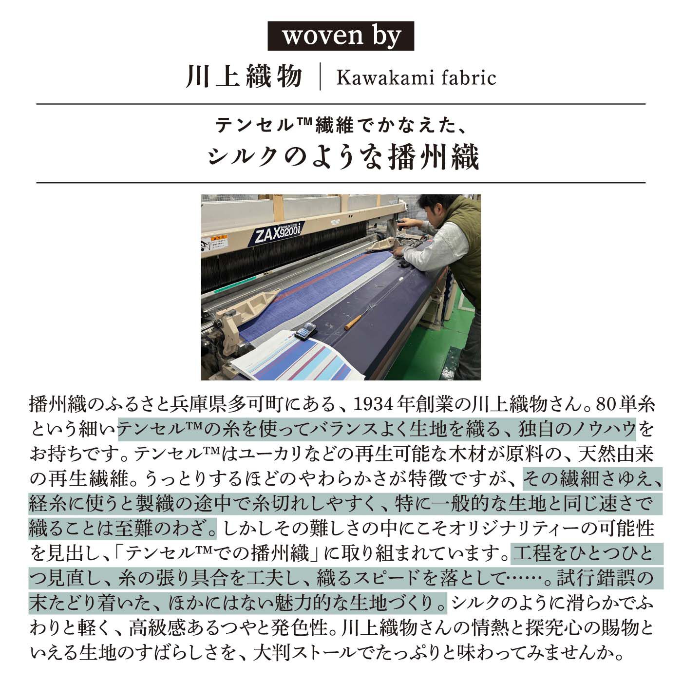 el:ment［エルメント］|el:ment×川上織物　テンセルTM繊維で織り上げた しなやかで光沢が美しい播州織大判ストールの会