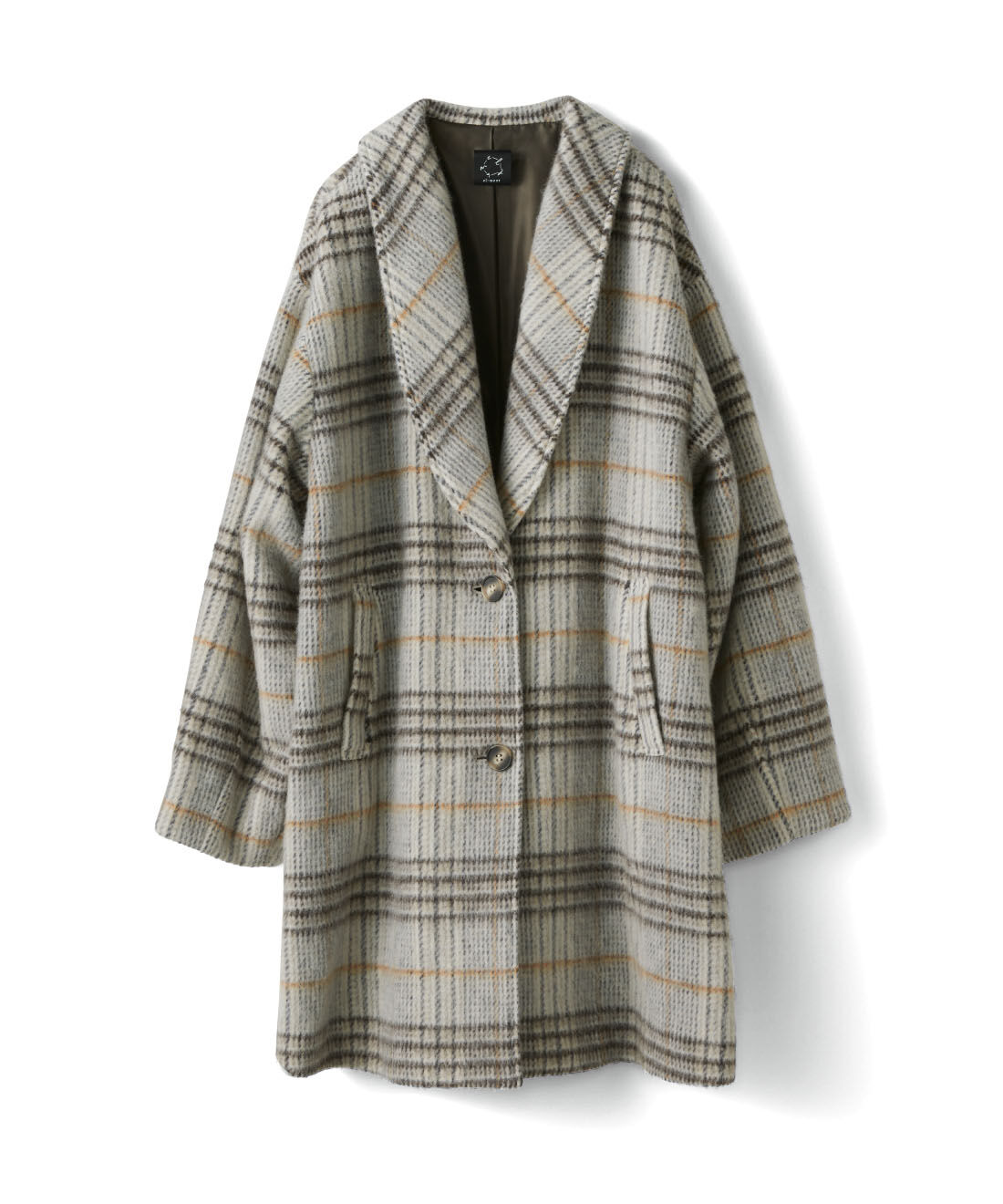 el:ment|el:ment　尾州ウールの風合い愉（たの）しむ　軽やかミドル丈ショールカラーコート〈アンバーチェック〉|両サイドにポケット付き。