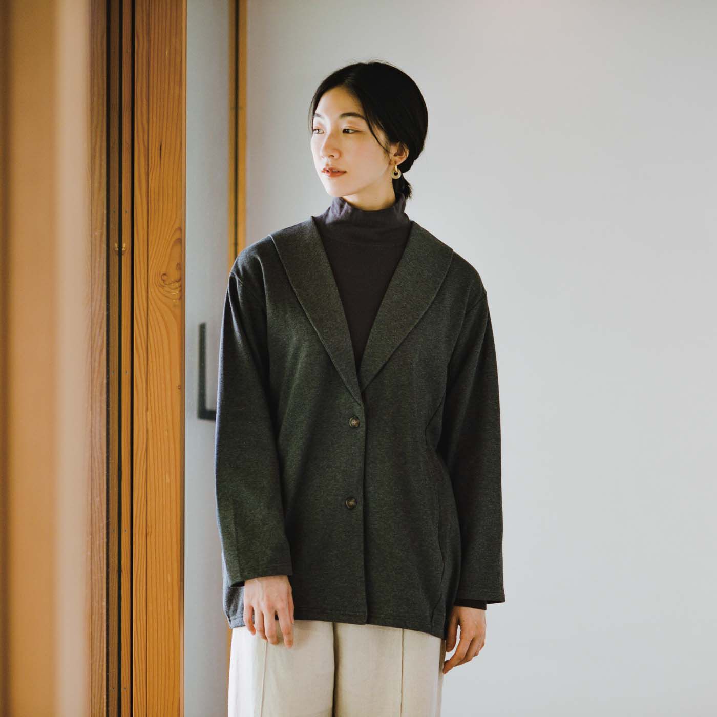 el:ment|Live love cotton（R）プロジェクト　el:ment　オーガニックコットンの軽やか仕立て ショールカラージャケット見え微起毛カーディガンの会