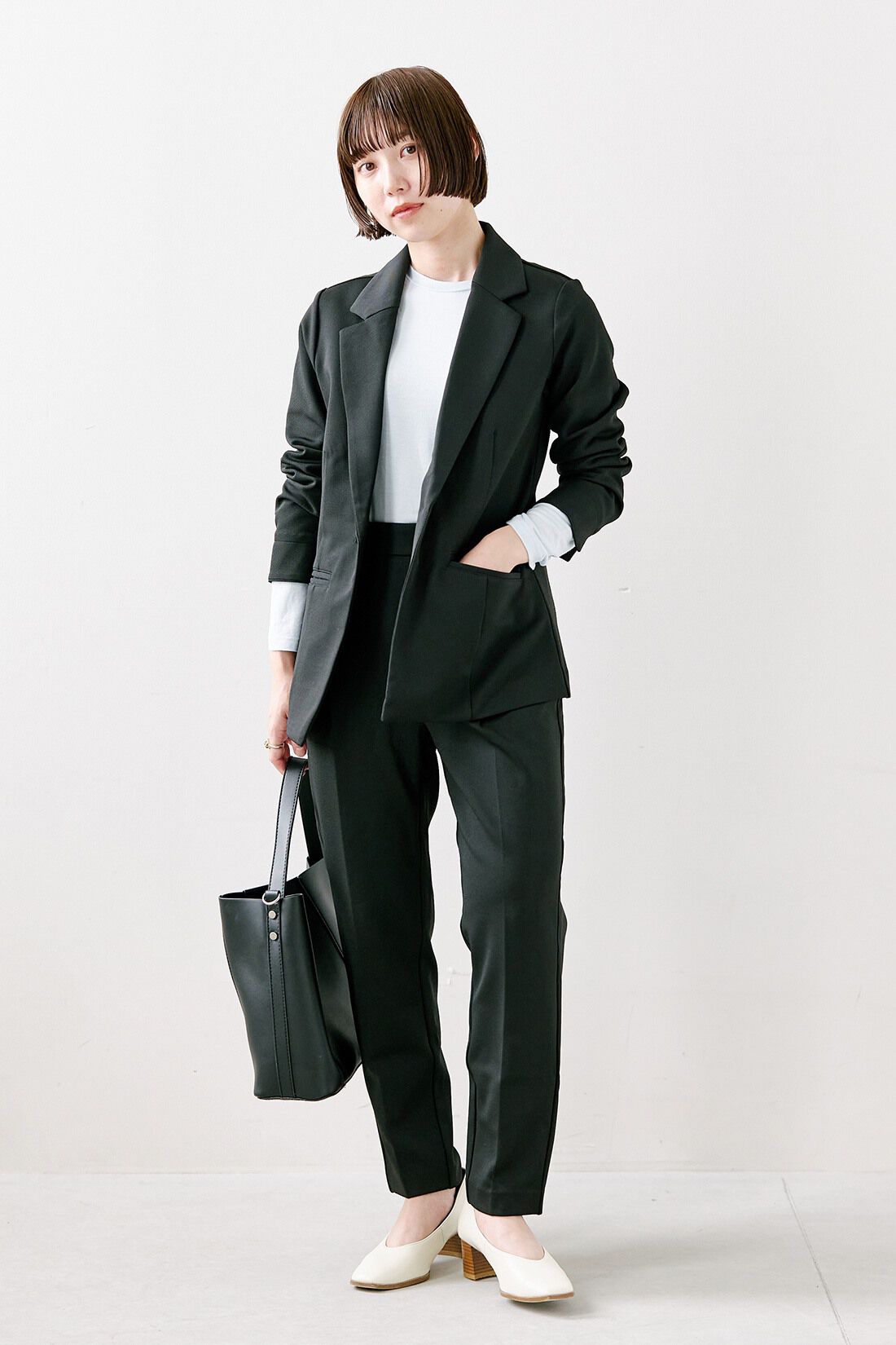 IEDIT［イディット］|シアークルーネックロングＴシャツ　ＴＦＳのコーディネート|【着用サイズ】ジャケット：SP　トップス：M　パンツ：SP