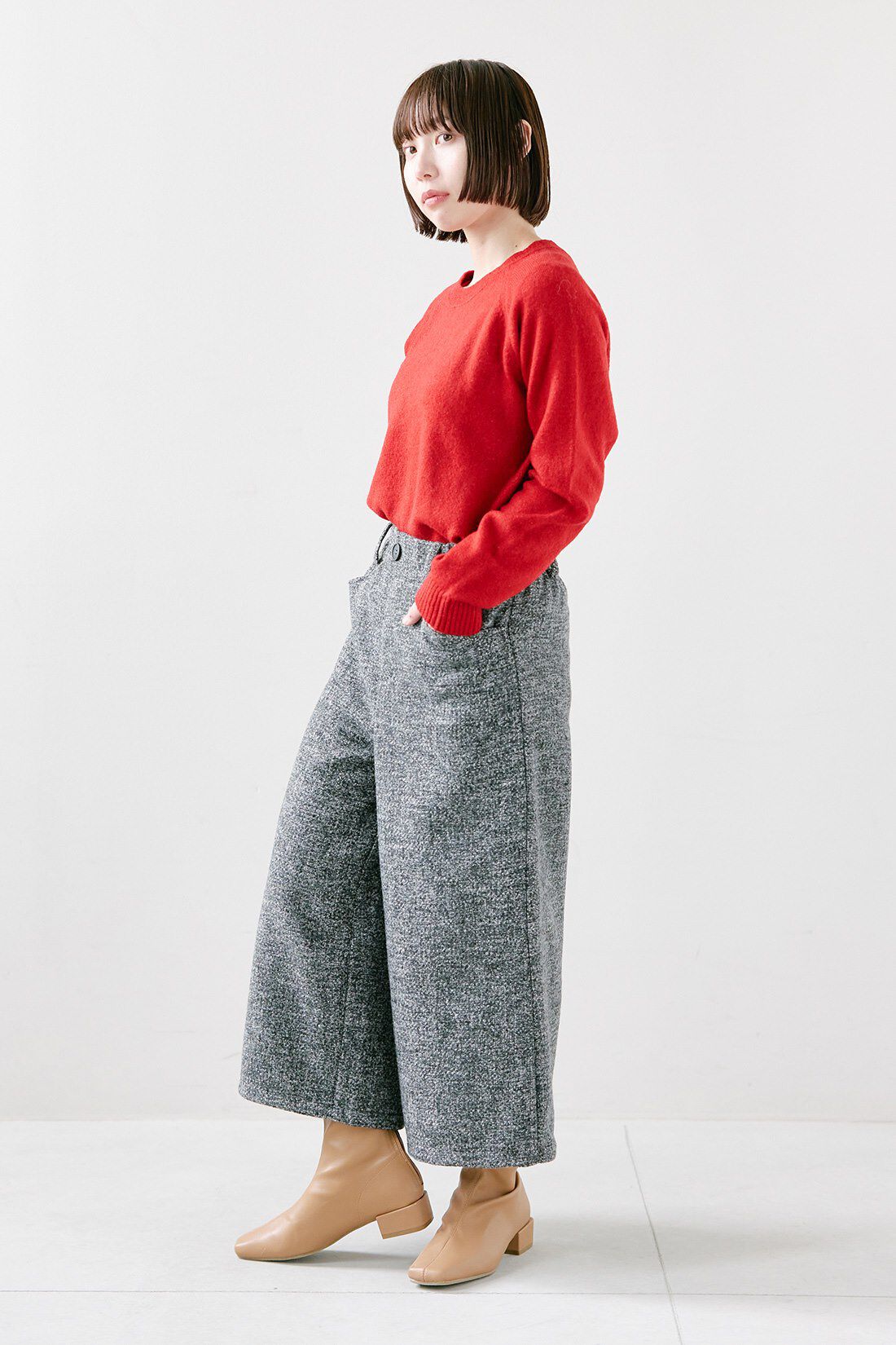 IEDIT|ふんわり ヤク混 ウォッシャブル ニット トップス 赤のコーディネート|【着用サイズ】トップス：S　パンツ：SP