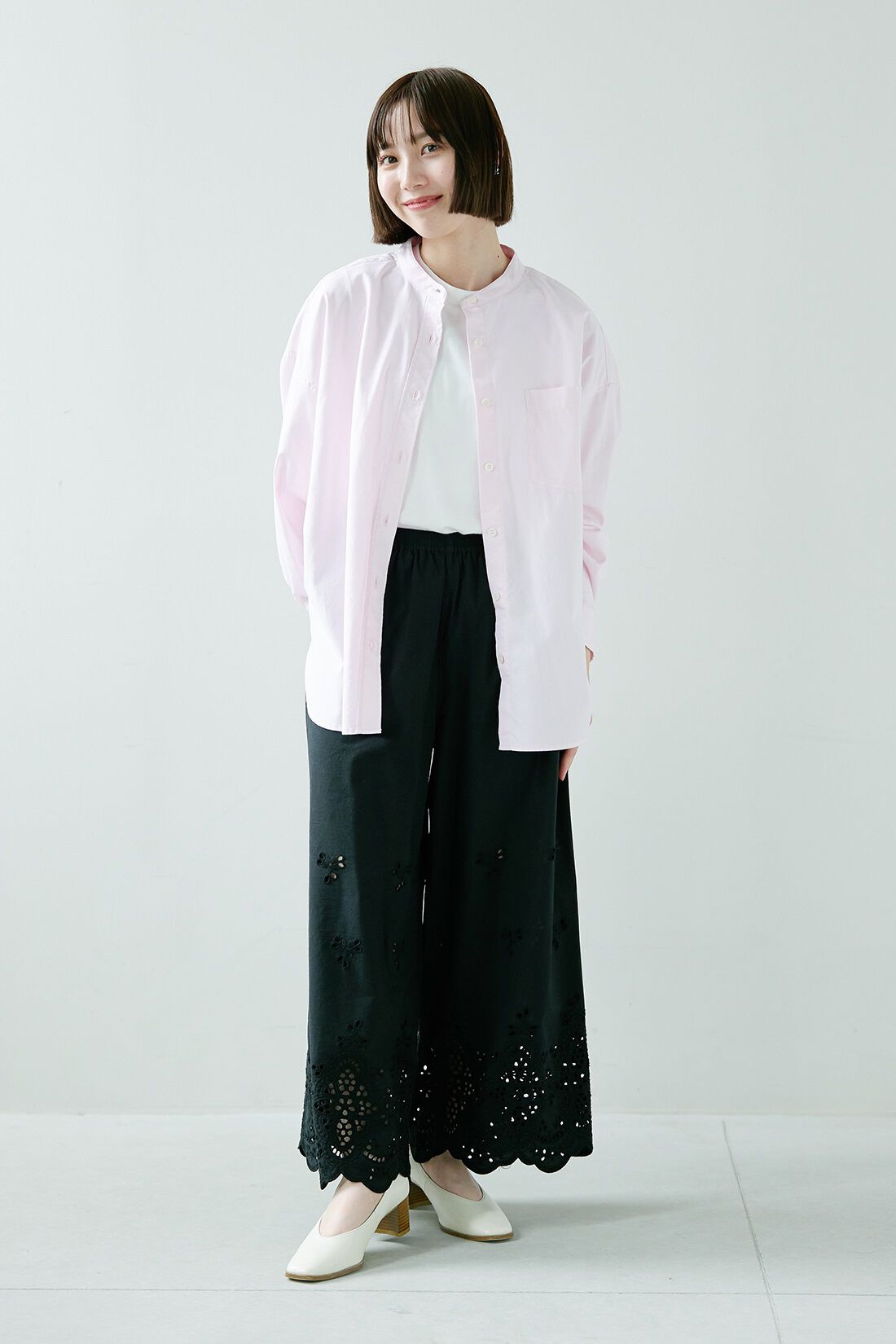 THREE FIFTY STANDARD|はまじ豪華レースガウチョパンツ〈ＢＫ〉リブインのコーディネート|【着用サイズ】シャツ：M　トップス：M　パンツ：SP