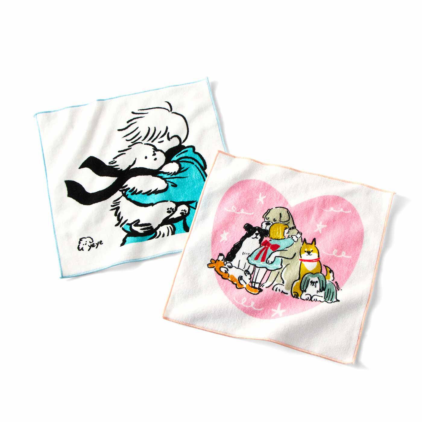 フェリシモギフトショップ|わんわんチャリティーハンカチ〈楓子さん〉|ほどよい厚みの綿100％素材。（写真は、左：YEYEさん　右：のりcorinさんのデザインです）