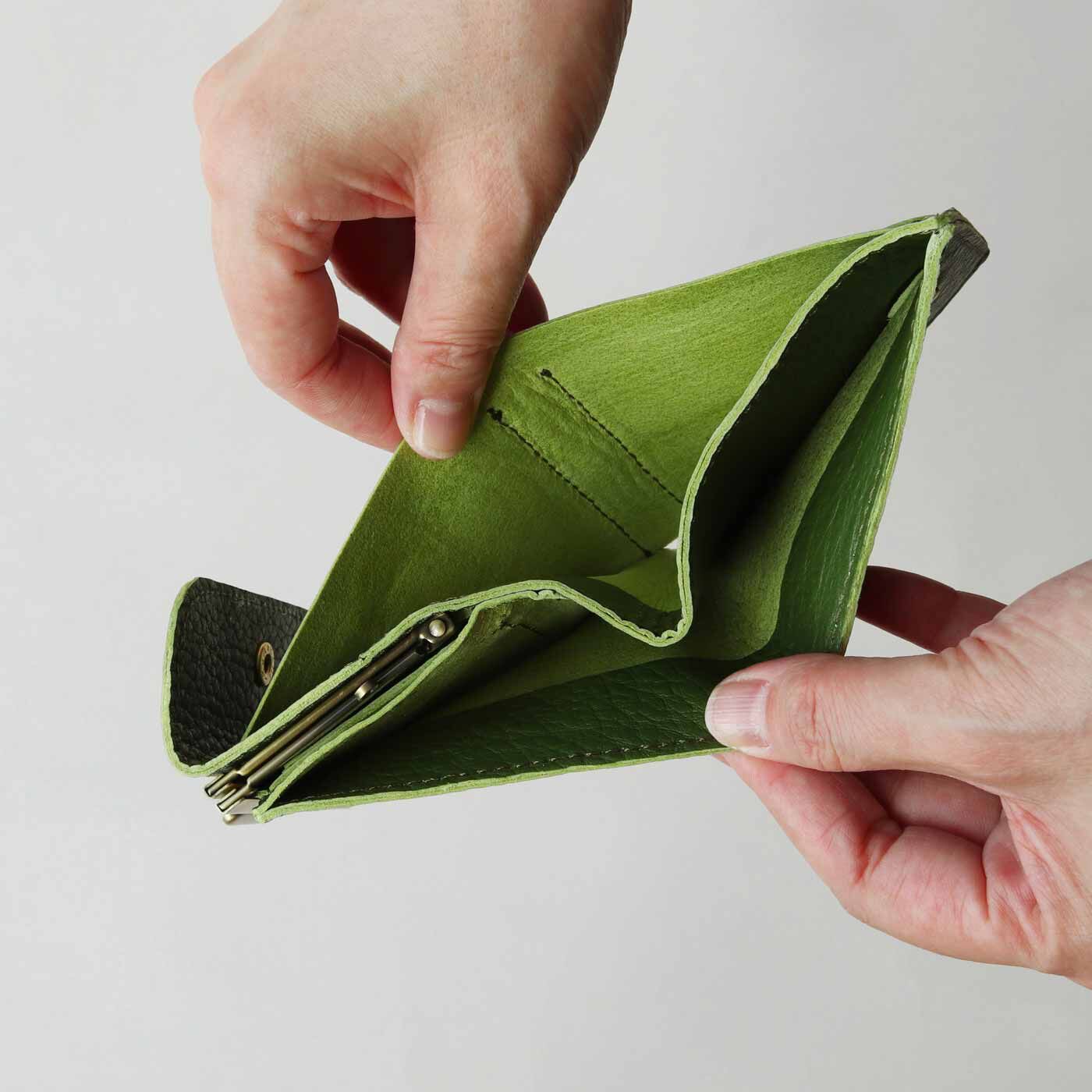 フェリシモギフトショップ|福岡の鞄作家が作った 職人本革のエンベロープウォレット〈スモーキーグリーン〉|お札入れは2個。