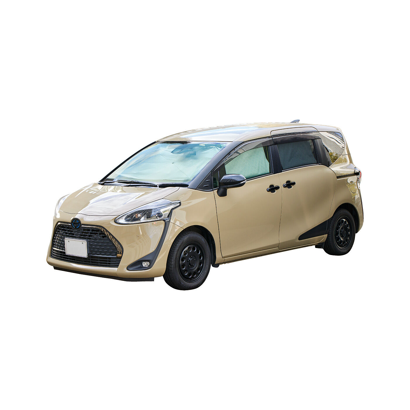 フェリシモギフトショップ|パッと開いて日差しも熱もガード！　セッティングも収納も簡単　折りたたみ傘型の車用UVカットサンシェード〈普通自動車〉|フロントにはサンシェード、サイドにはマグネットカーテンで車内の日差し対策。