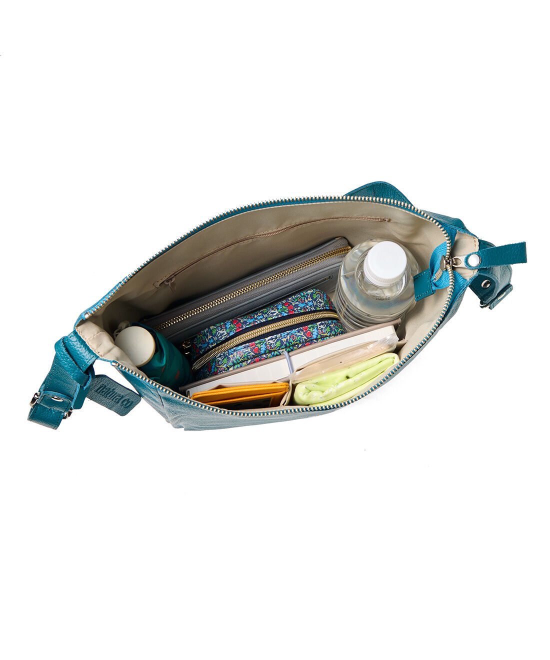 フェリシモギフトショップ|ラミプリュス　軽くてしなやかきちんと気分　姫路レザーの撥水（はっすい）スクエアショルダー〈ピーコックブルー〉|ペットボトルや折りたたみ傘もしっかり収納できる高さと収納力。